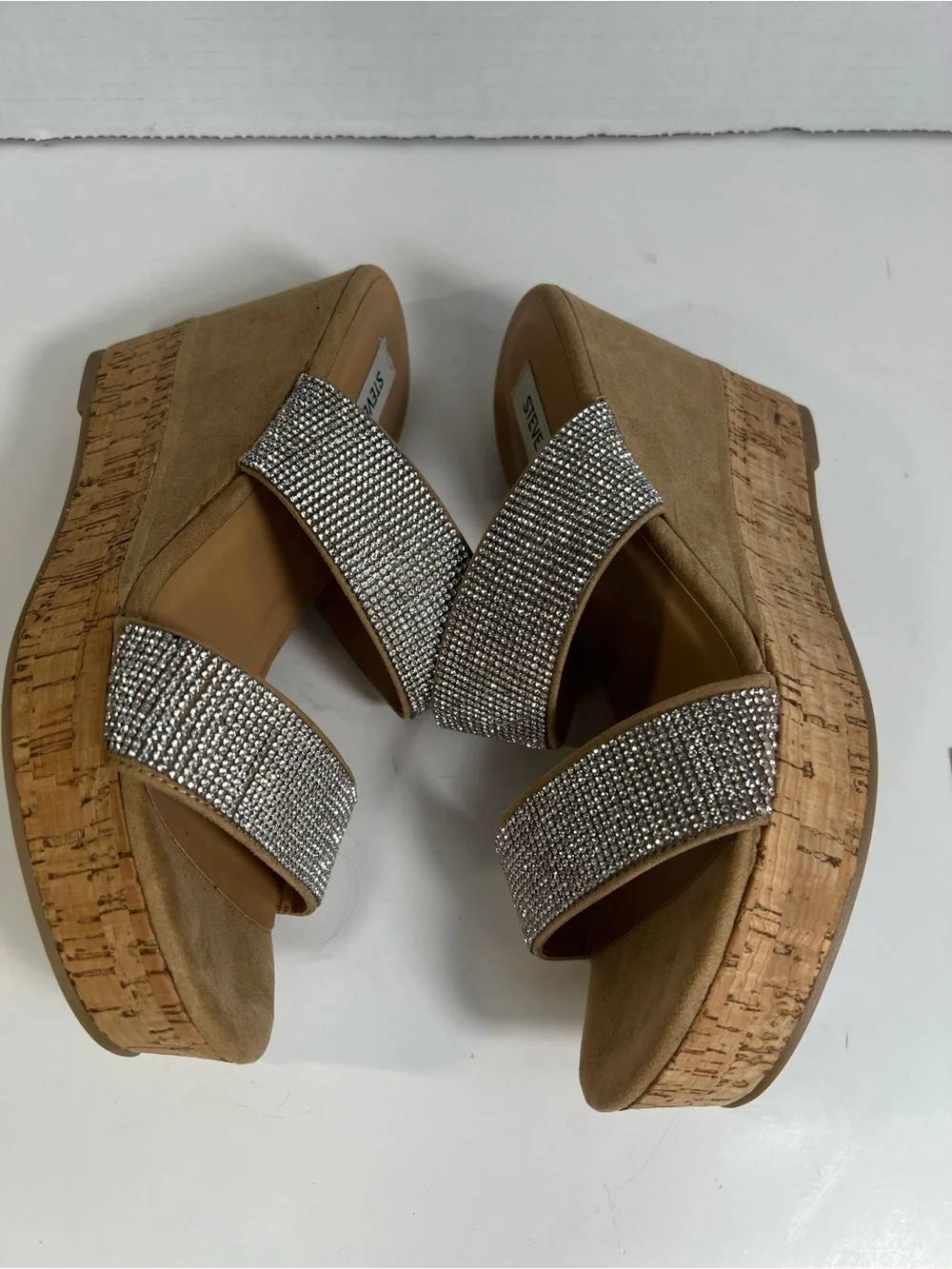 Steve Madden Sandro Rhinestone Cork Wedge Slide Sandals Beige 8.5M